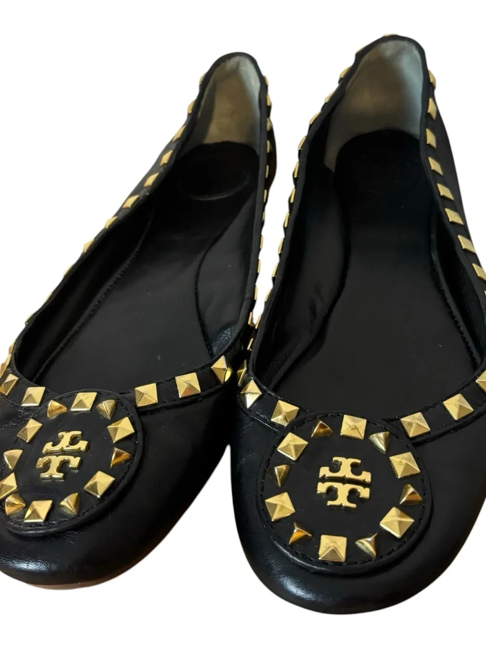 Tory Burch Studded Logo Ballet Flat Shoes Black Leather Size 8 M